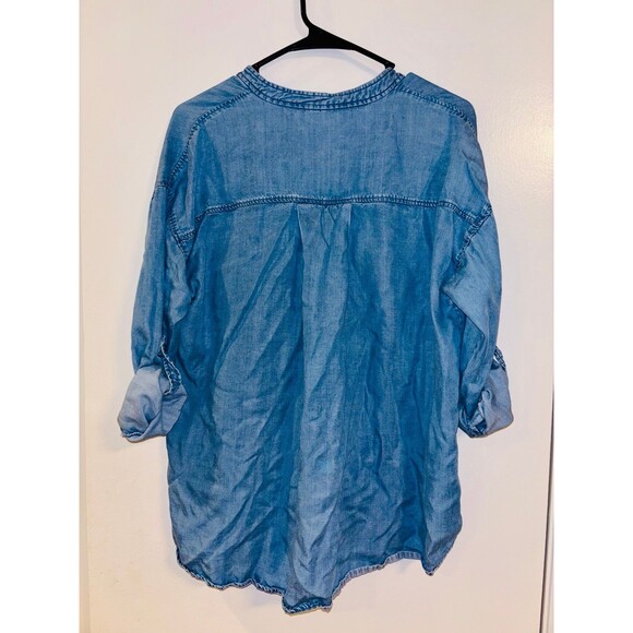 ZARA Lt Wash Chambray V-neck Chest Pockets Tab Sleeves Top Blouse M - Picture 4 of 6